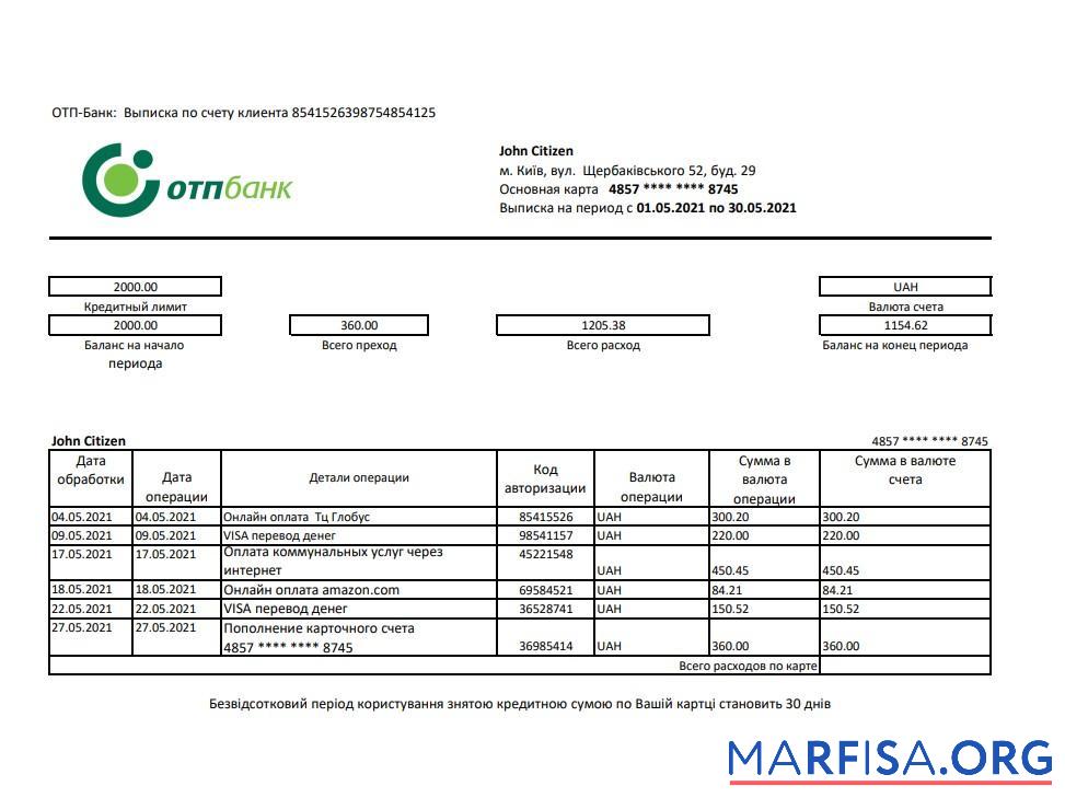 Downloadable Ukraine OTP bank statement excel real example